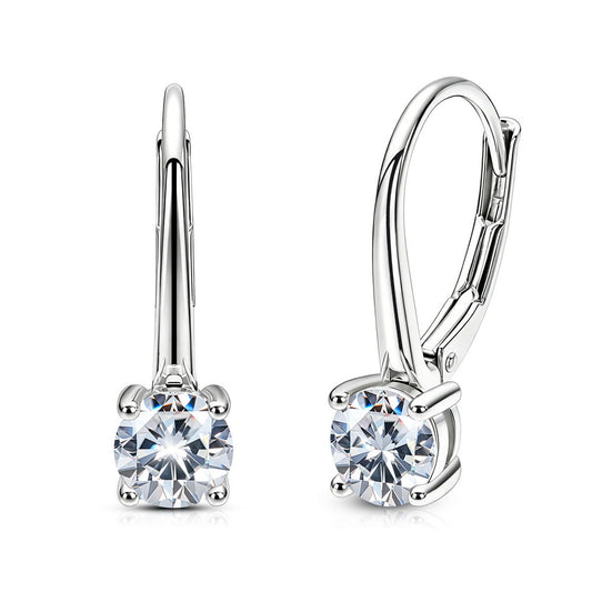 Classic round cut moissanite solitaire leverback earrings in 925 sterling silver isolated on white background