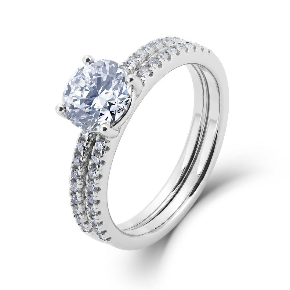 Classic round lab grown diamond solitaire pave stacking ring set in 925 silver.
