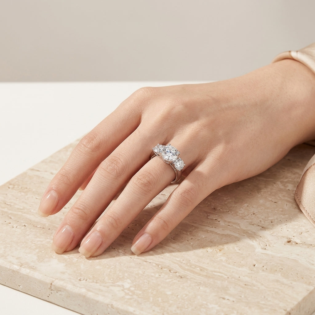 Model showing classic round cut moissanite trilogy past present future ring on hand.
