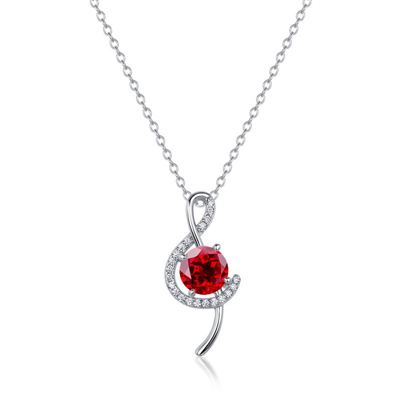 White background front view of a classic round-cut ruby musical note halo necklace pendant on a silver chain.