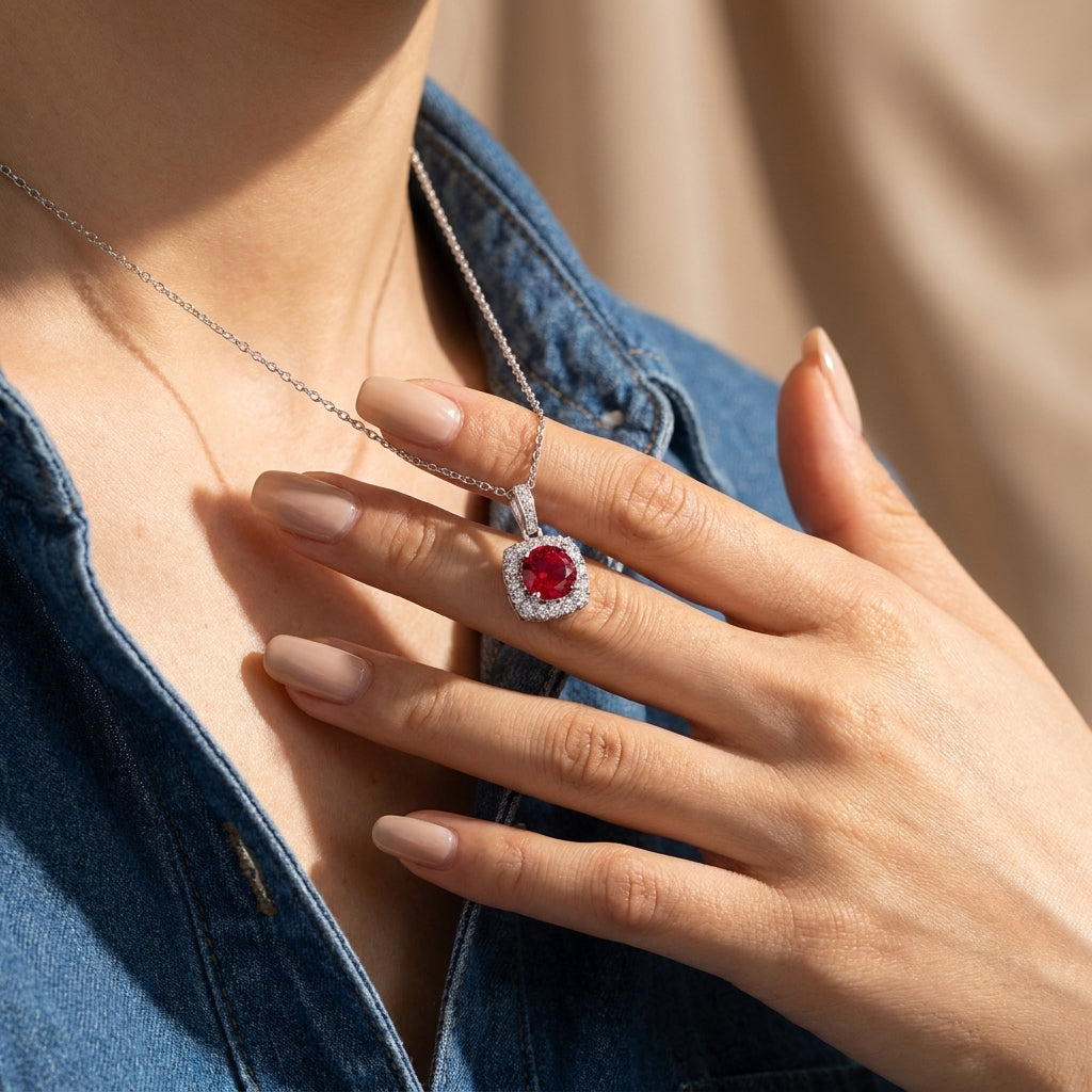 Close-up lifestyle view of a model showcasing the classic ruby square halo necklace pendant styled with a denim jacket.