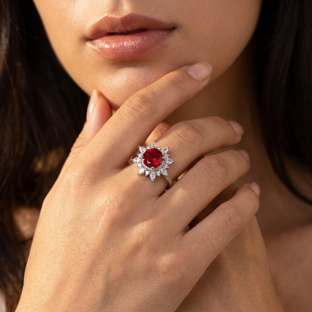 Close-up of a model wearing a luxury lab-grown classic ruby sunflower cocktail ring on her finger.