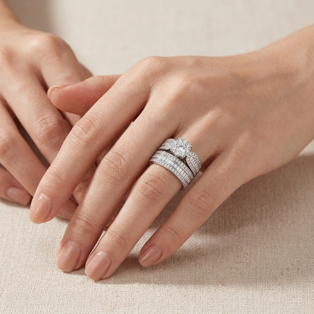 Model showing round cut moissanite wide bridal set with baguette accents in ambient lighting.