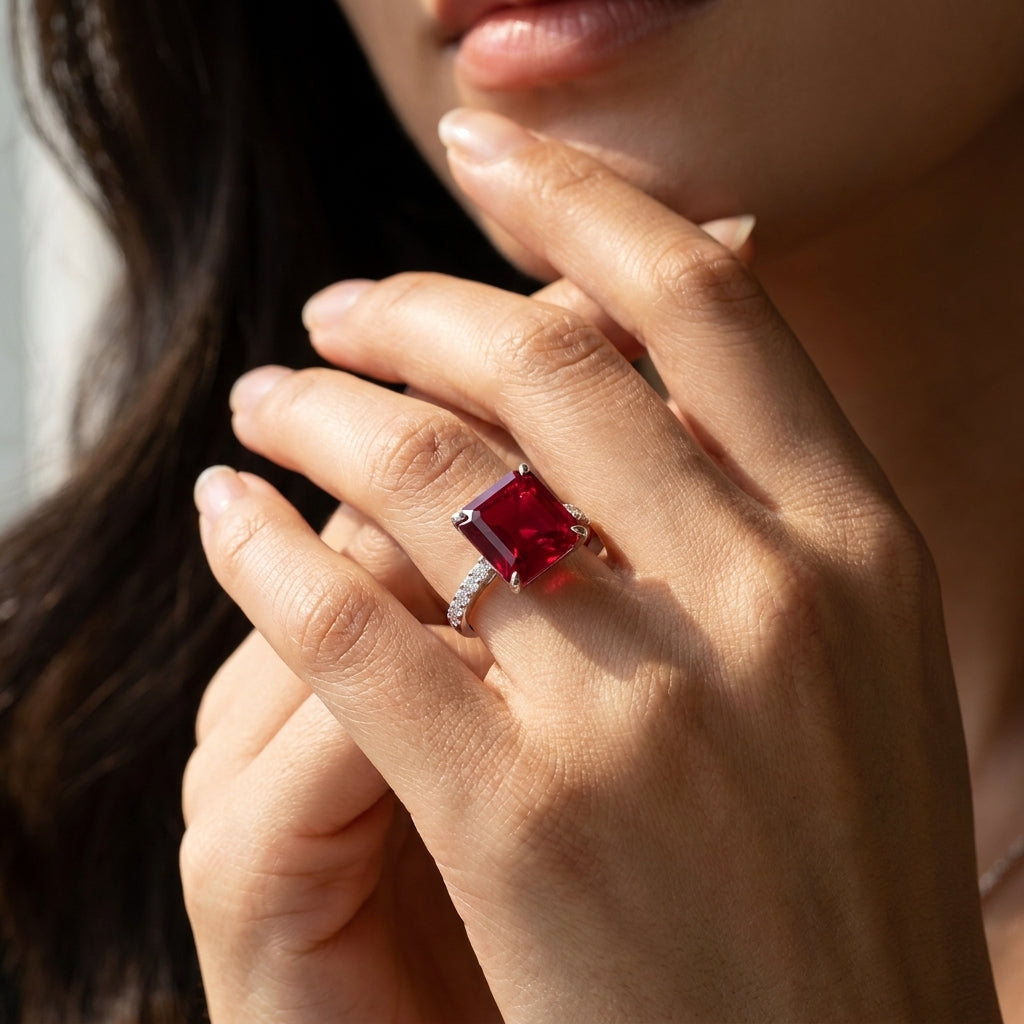 Close-up of an elegant model showcasing the large square-cut ruby statement ring under soft studio lighting.