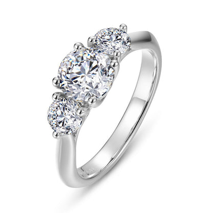 Angled side view of classic three-stone past present future ring.