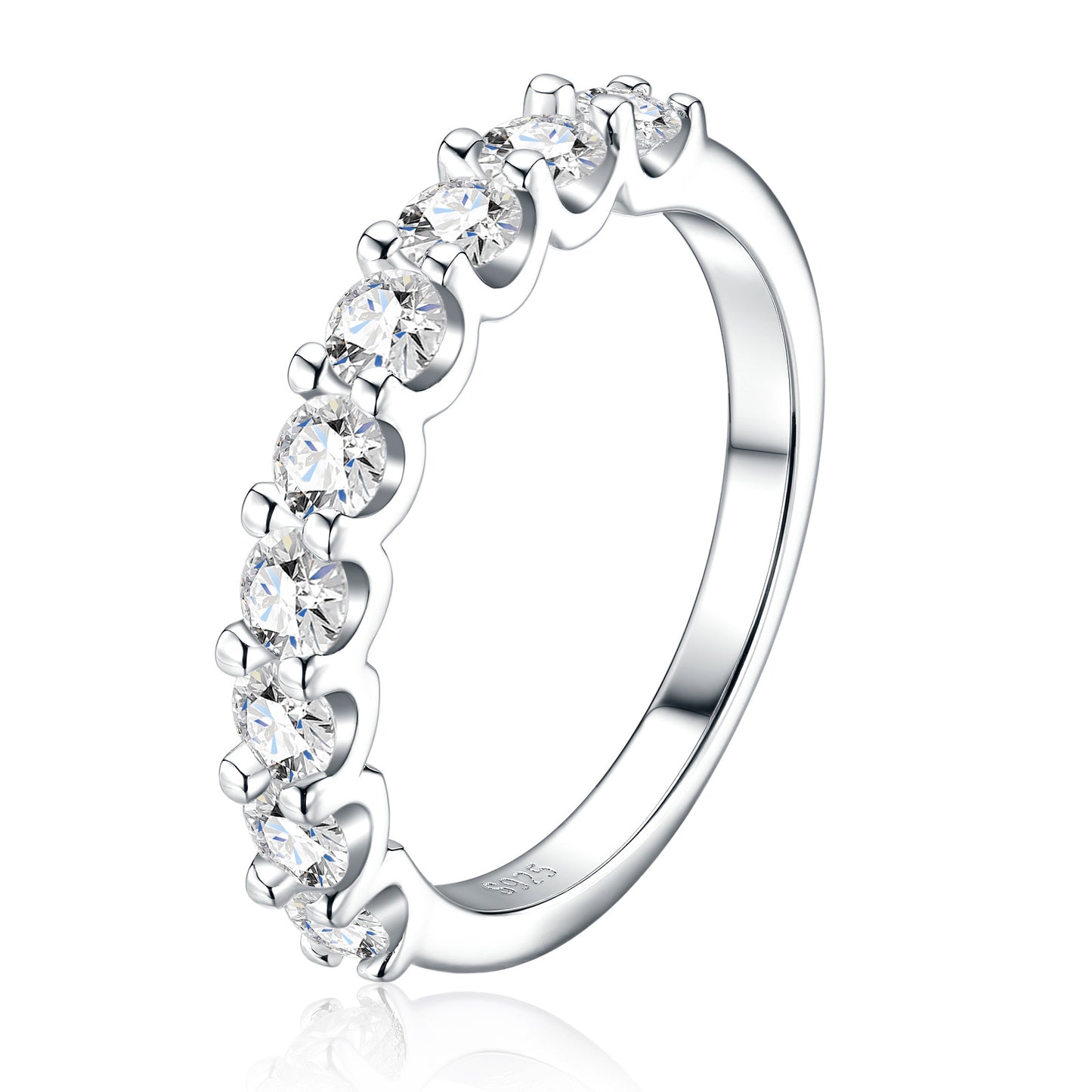 Classic U-shape prong moissanite half eternity stackable ring in 925 sterling silver, side profile view.