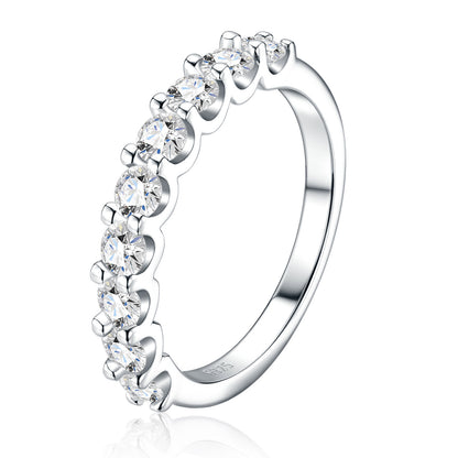 Classic U-shape prong moissanite half eternity stackable ring in 925 sterling silver, side profile view.