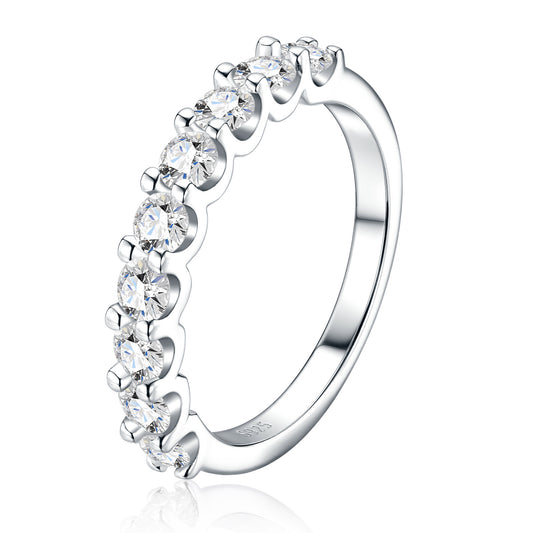 Classic U-shape prong moissanite half eternity stackable ring in 925 sterling silver, side profile view.