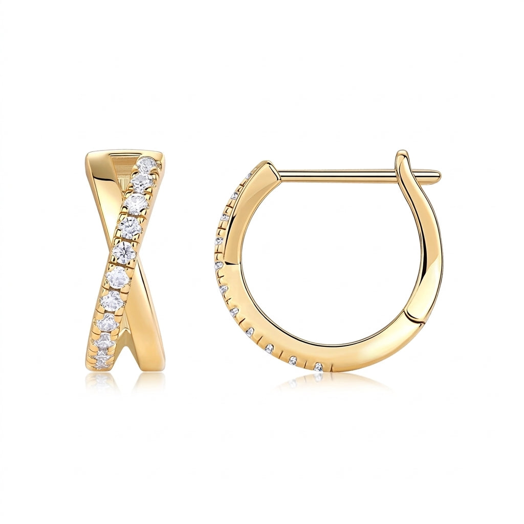 Classic gold crisscross X moissanite huggie hoop earrings, front and profile view on white background.