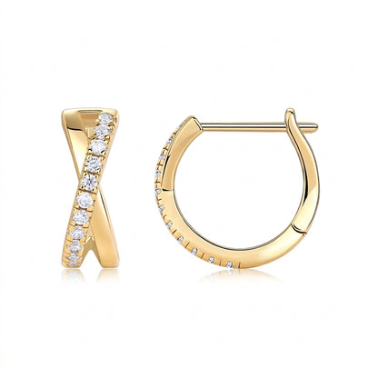Classic gold crisscross X moissanite huggie hoop earrings, front and profile view on white background.