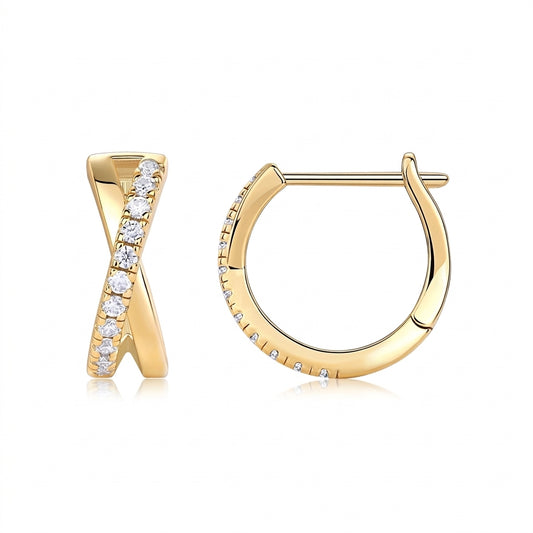 Classic gold crisscross X moissanite huggie hoop earrings, front and profile view on white background.