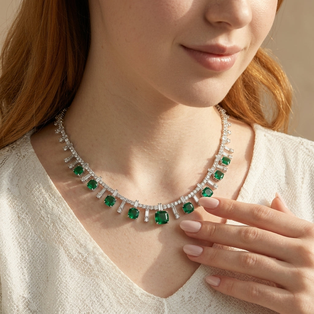 Close-up of a woman wearing an emerald and diamond necklace.