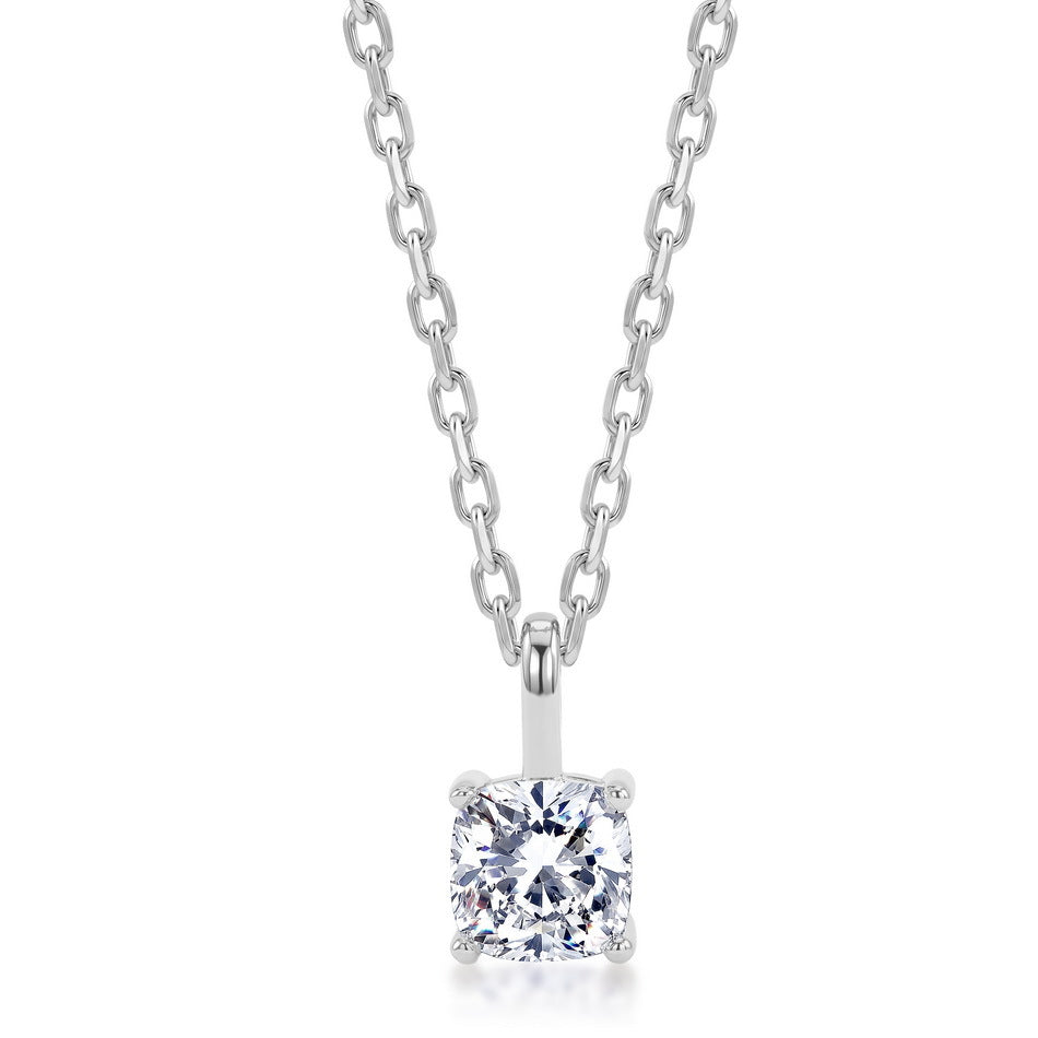 Cushion cut lab grown diamond four-prong solitaire pendant necklace in 925 silver.