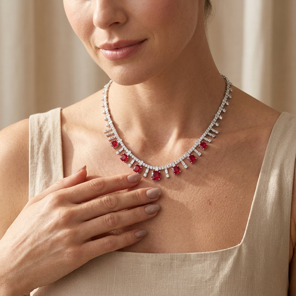 Elegant model showcasing a vintage cushion-cut ruby fringe statement necklace, lifestyle view.