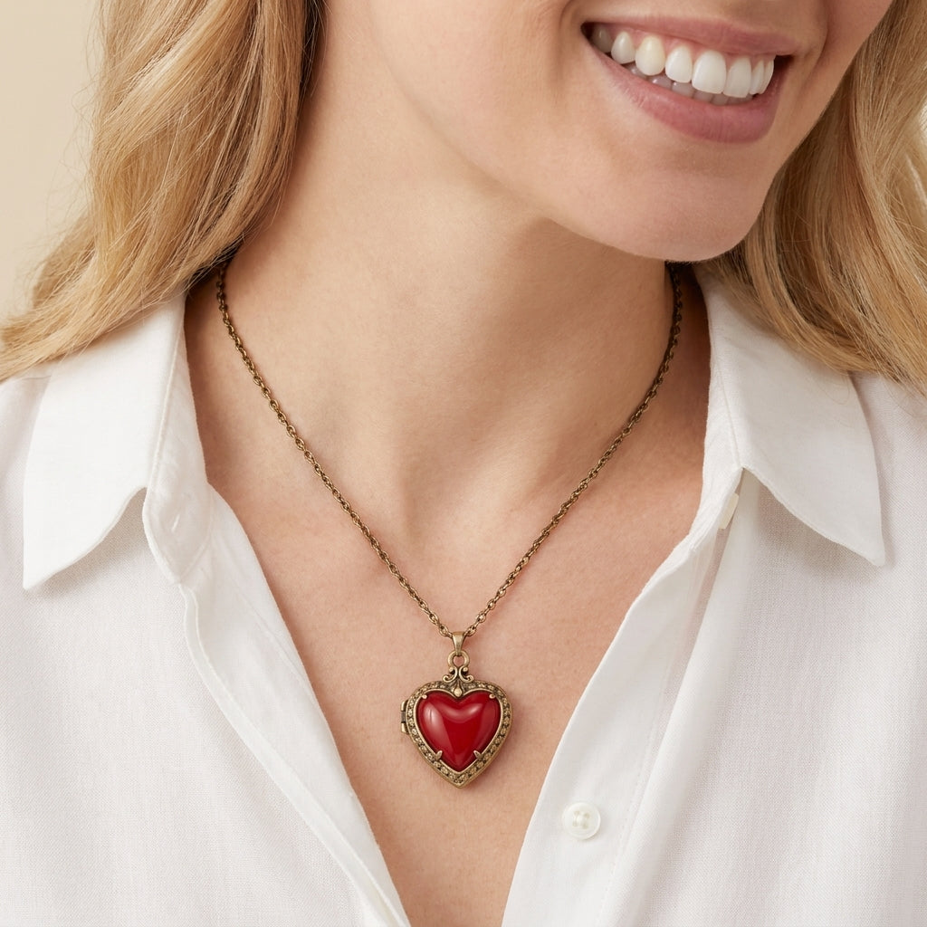 A model wearing the Disney x Kendra Scott Snow White royal red heart locket pendant necklace to show the length and style
