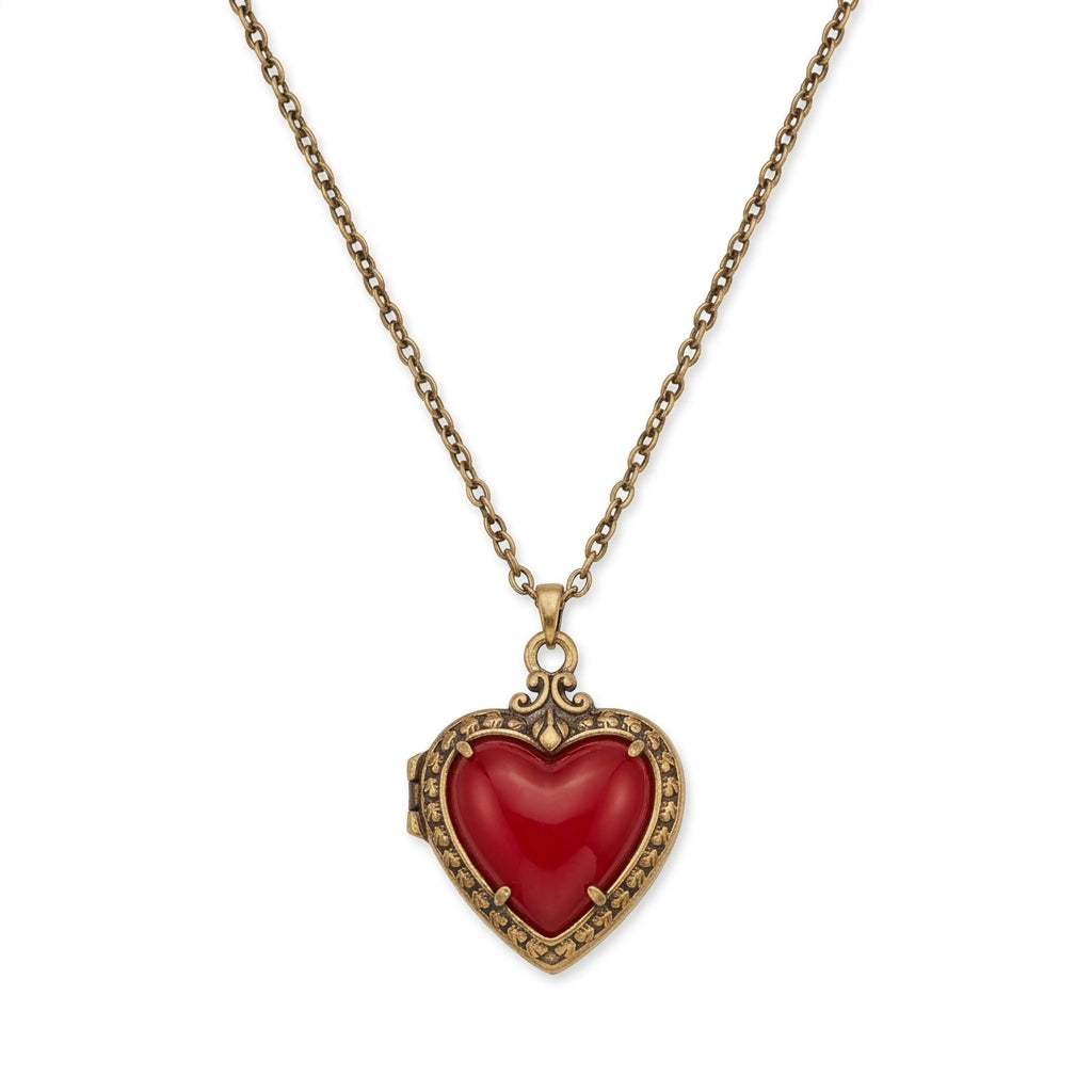 Disney x Kendra Scott Snow White vintage gold heart locket short pendant necklace with royal red mother of pearl stone.