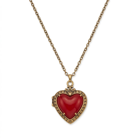 Disney x Kendra Scott Snow White vintage gold heart locket short pendant necklace with royal red mother of pearl stone.