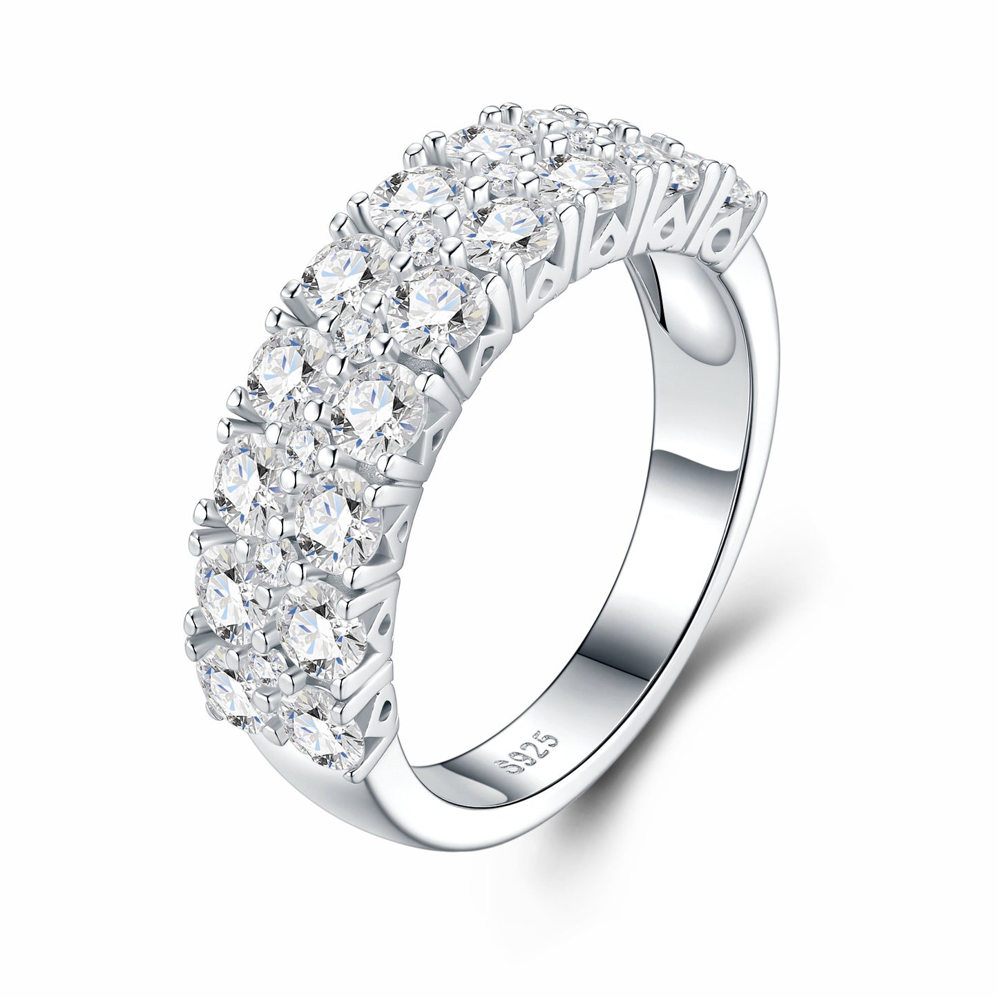 Double row half eternity moissanite wedding band in 925 sterling silver, angled view.