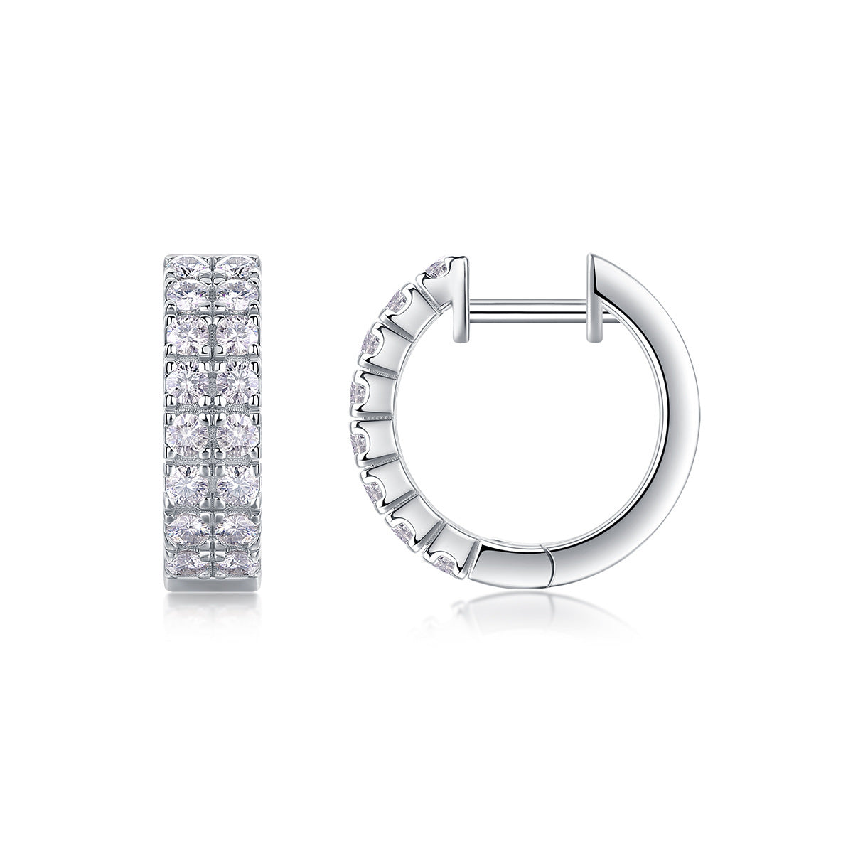 Double row moissanite huggie hoop earrings with pave hinged sleeper closure on white background.