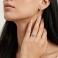 Model wearing round cut lab grown diamond double row pavé engagement ring.