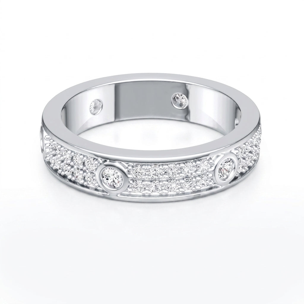 Double row pavé moissanite full eternity band ring in sterling silver, white background product view.