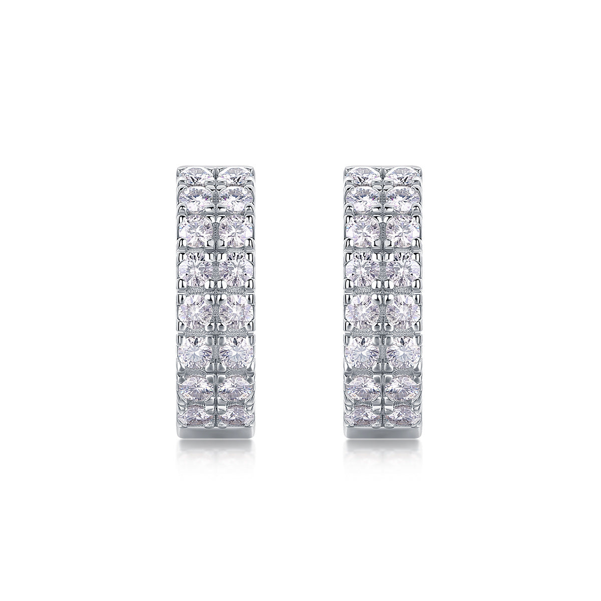 Front view showing double row pave setting on silver moissanite huggie hoop earrings.