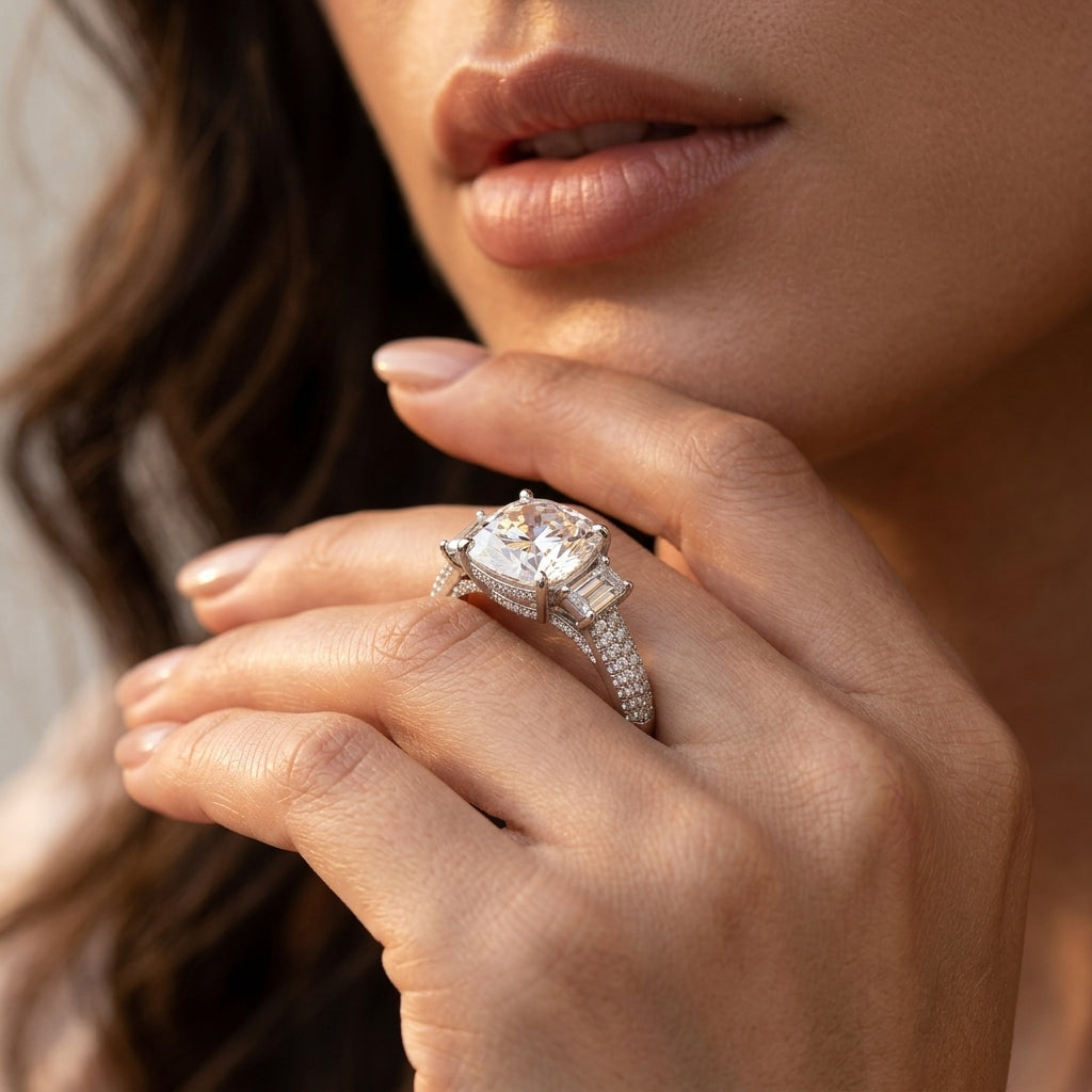 High-end fashion lookbook view of a model's hand near her face, displaying an effortless luxury d vvs1 cushion cut gemstone wedding ring.