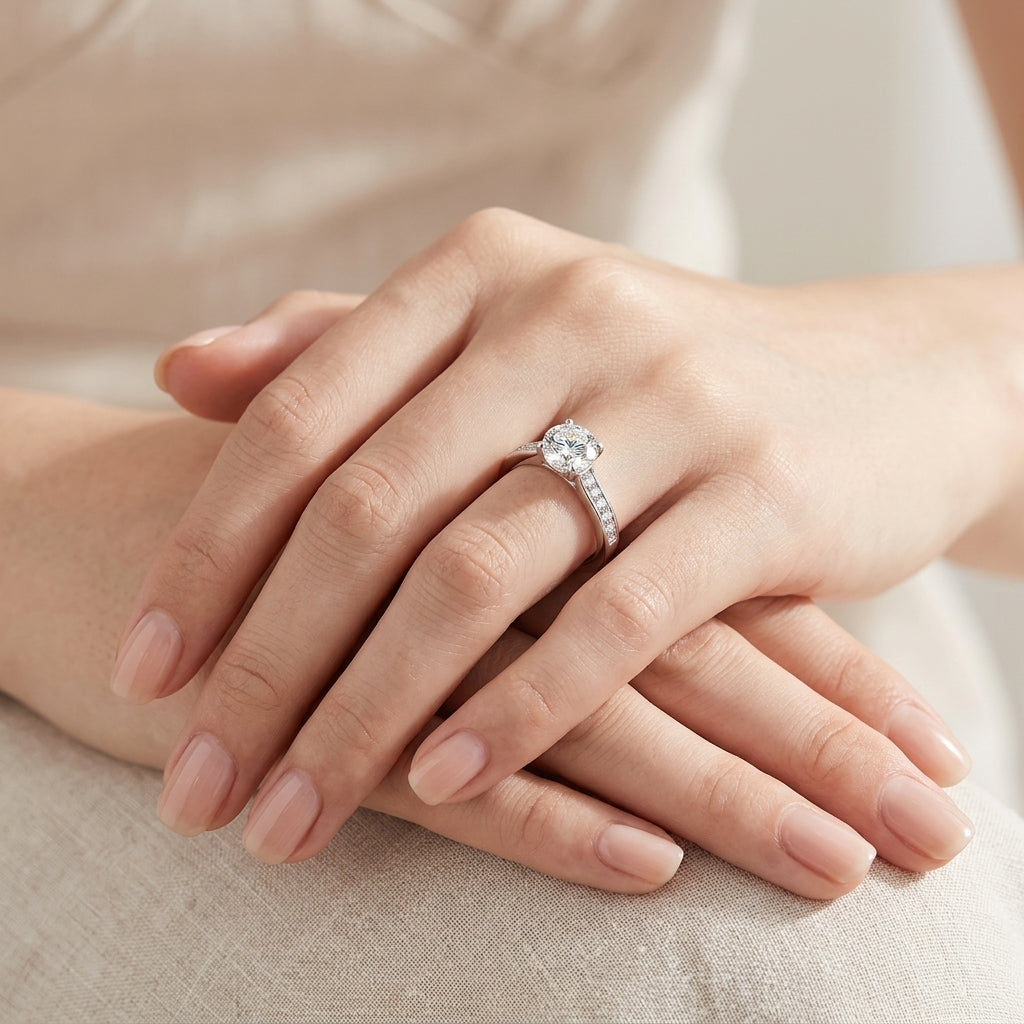 Closeup lookbook wear portrait of a model gracefully displaying the effortless luxury timeless four prong moissanite proposal ring.