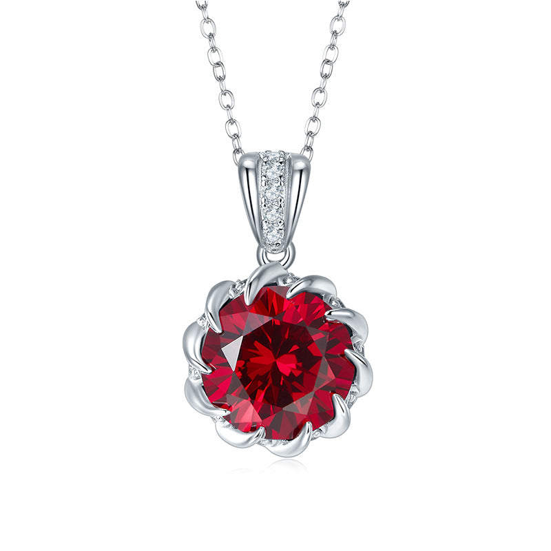 Elegant bail round ruby floral crown pendant necklace in 925 sterling silver, studio white background.