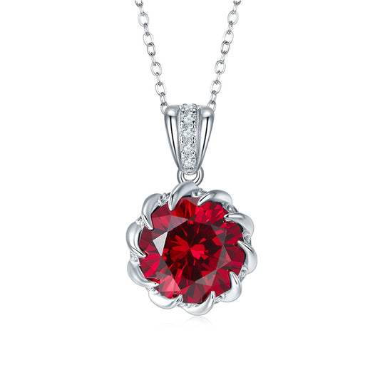 Elegant bail round ruby floral crown pendant necklace in 925 sterling silver, studio white background.