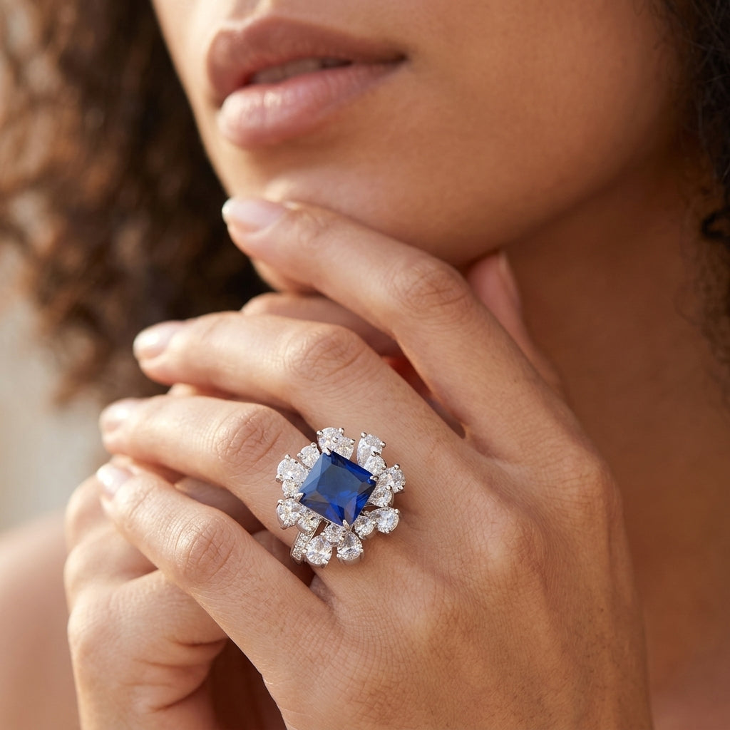 White background close-up product shot of a handcrafted pave-set diamond asscher blue sapphire floral cluster ring.