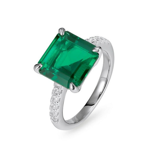 Elegant minimalist square emerald statement ring for women featuring a large radiant asscher-cut green gemstone.