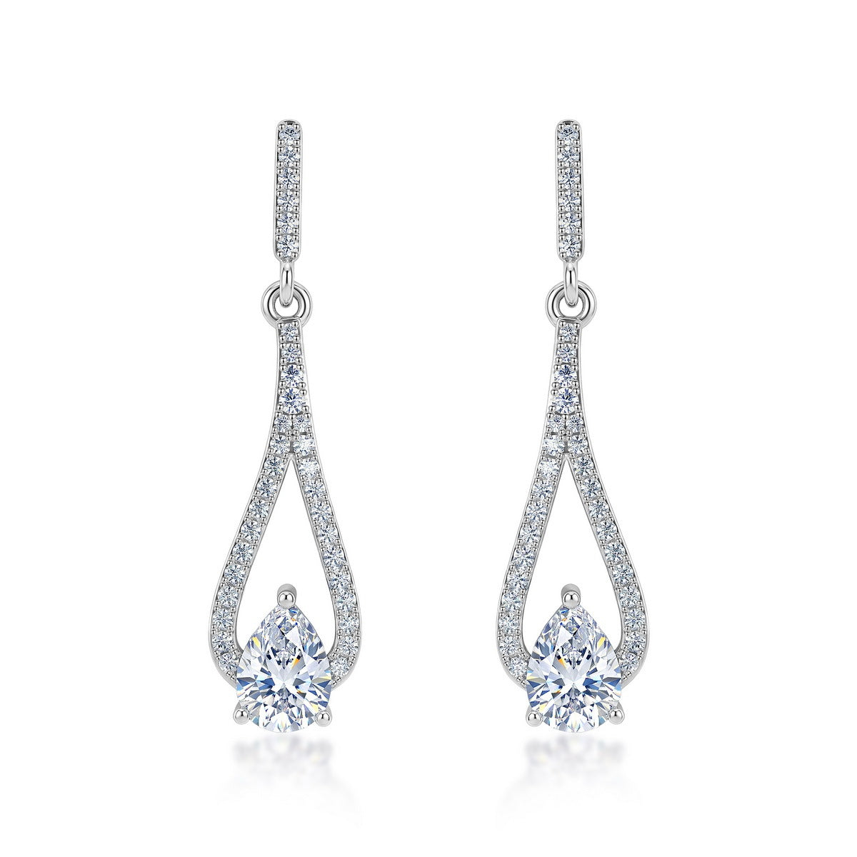 Elegant pear cut lab grown diamond teardrop drop earrings in sterling silver isolated on white background