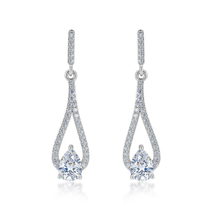 Elegant pear cut lab grown diamond teardrop drop earrings in sterling silver isolated on white background