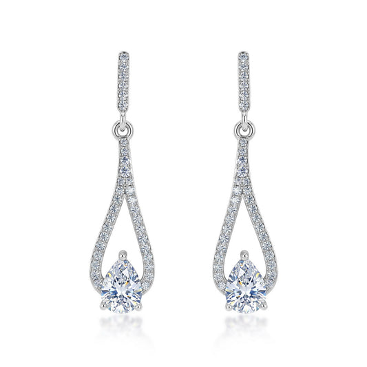 Elegant pear cut lab grown diamond teardrop drop earrings in sterling silver isolated on white background