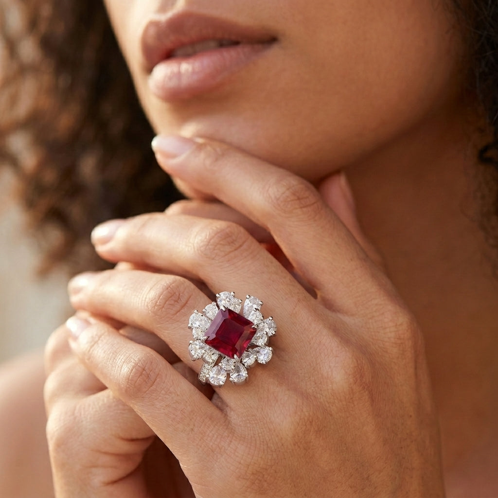Close-up lifestyle view of a moody model leaning on her hand, displaying an elegant ruby sunflower halo engagement ring.
