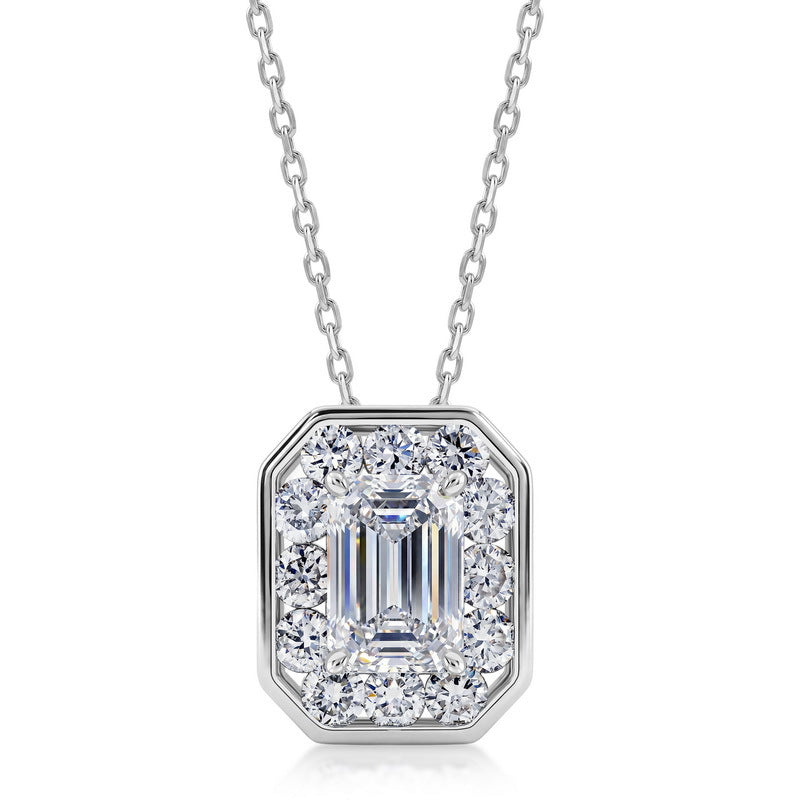 Emerald cut diamond octagonal halo bezel pendant necklace in sterling silver.