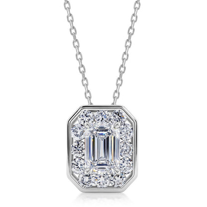 Emerald cut diamond octagonal halo bezel pendant necklace in sterling silver.