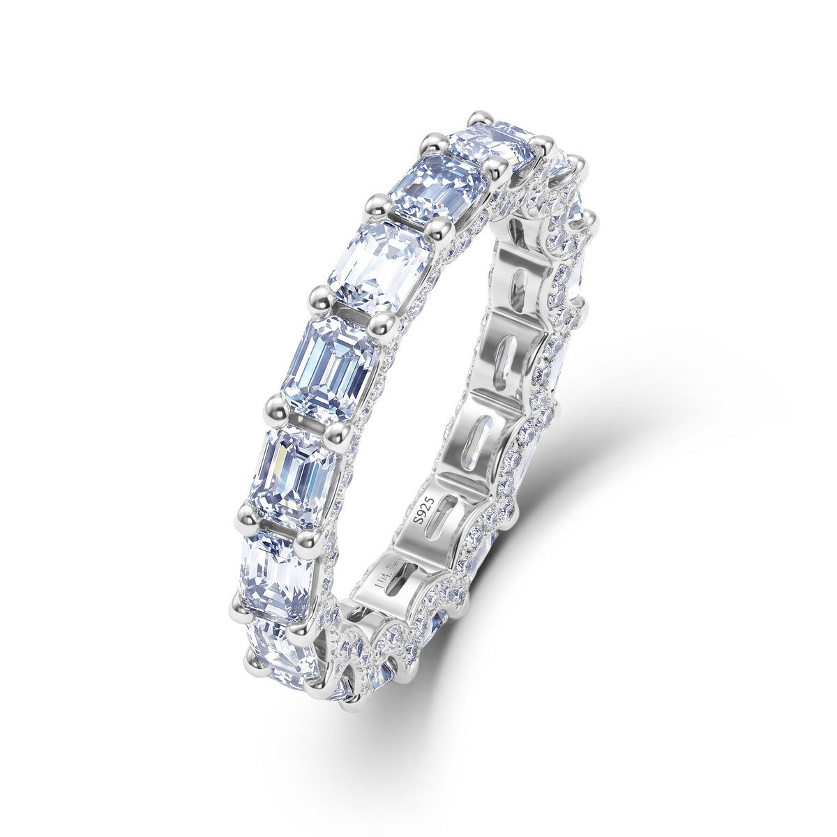 Emerald cut lab diamond full eternity wedding band ring in 925 sterling silver.