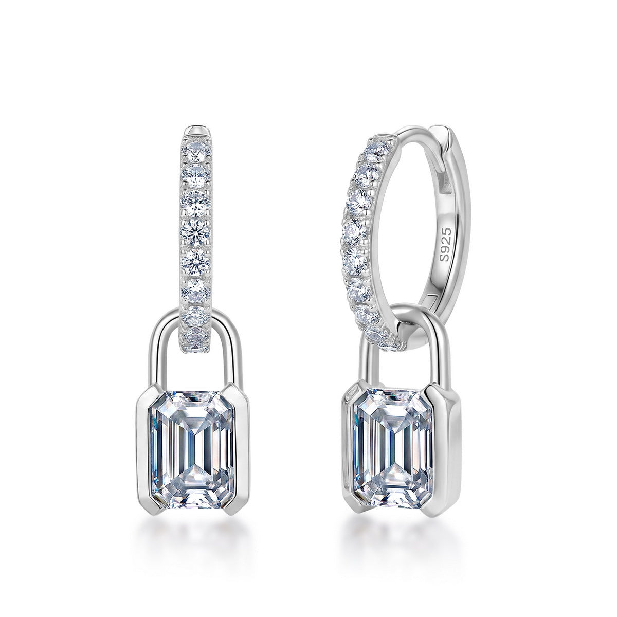 Emerald cut lab grown diamond padlock dangle huggie earrings in sterling silver isolated on white background