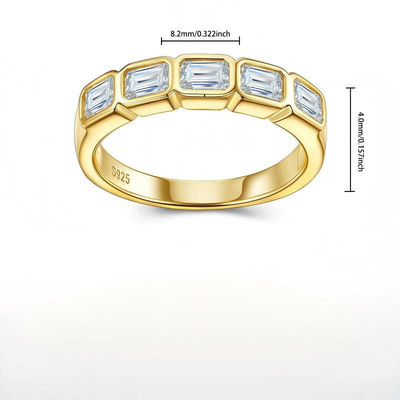 Product size and dimensions guide for the emerald cut moissanite gold bezel eternity ring.
