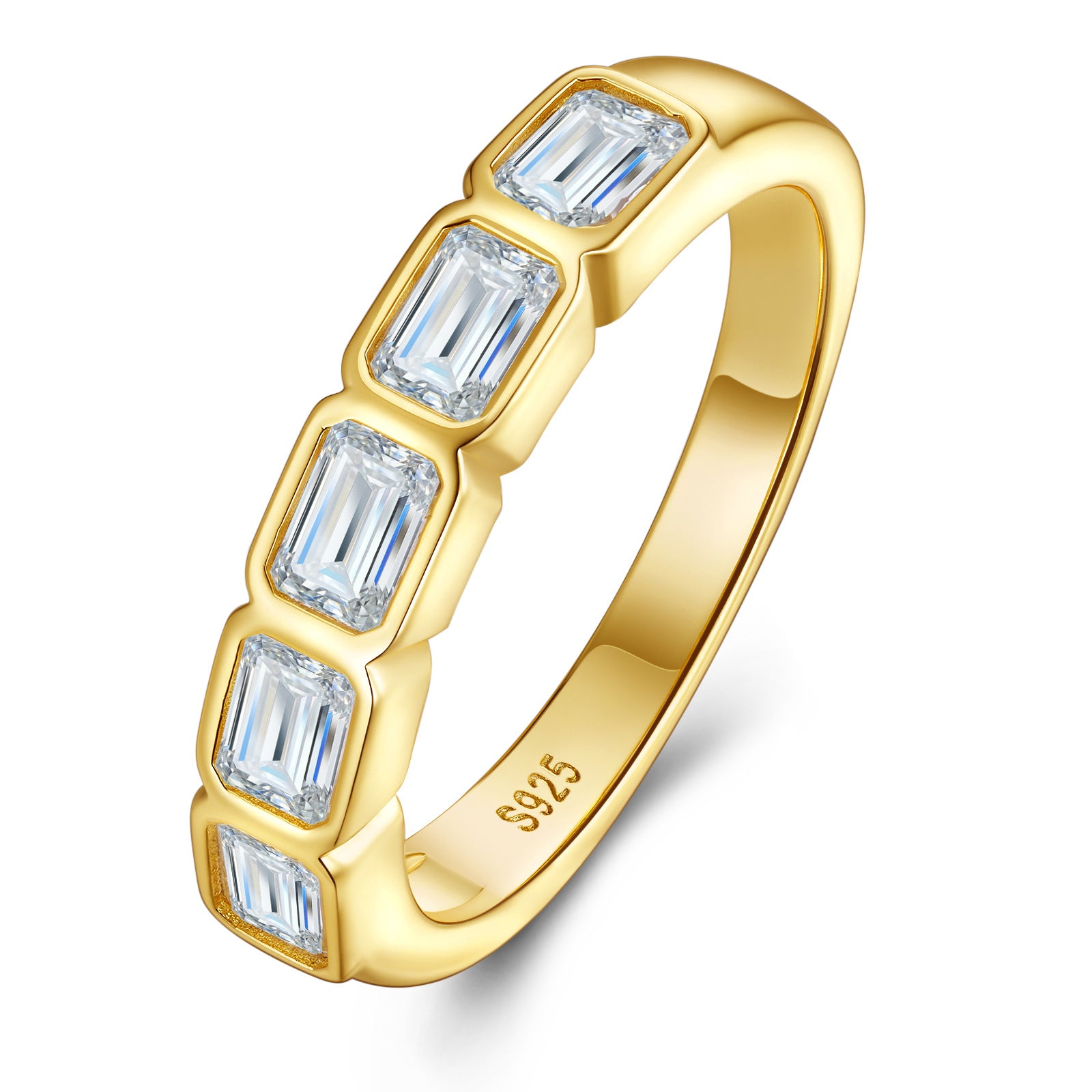 Emerald cut moissanite bezel set half eternity stacking ring in 18k gold plated 925 sterling silver.