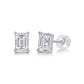 5x7mm emerald cut moissanite stud earrings in 925 sterling silver with silicone backs on white background.