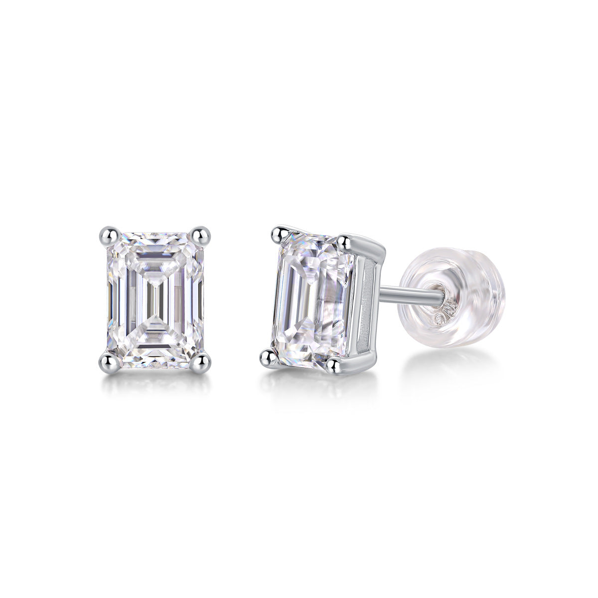 5x7mm emerald cut moissanite stud earrings in 925 sterling silver with silicone backs on white background.