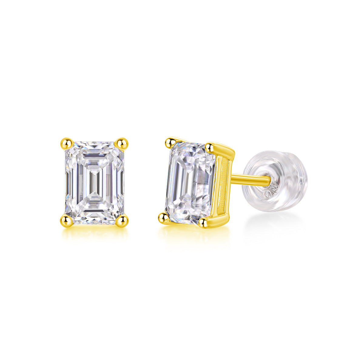 18K gold-plated 5x7mm emerald cut moissanite stud earrings on white background.