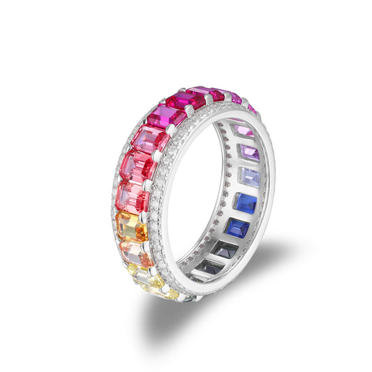 Multi-color emerald cut rainbow sapphire eternity ring with double micro-pave borders in 925 silver.