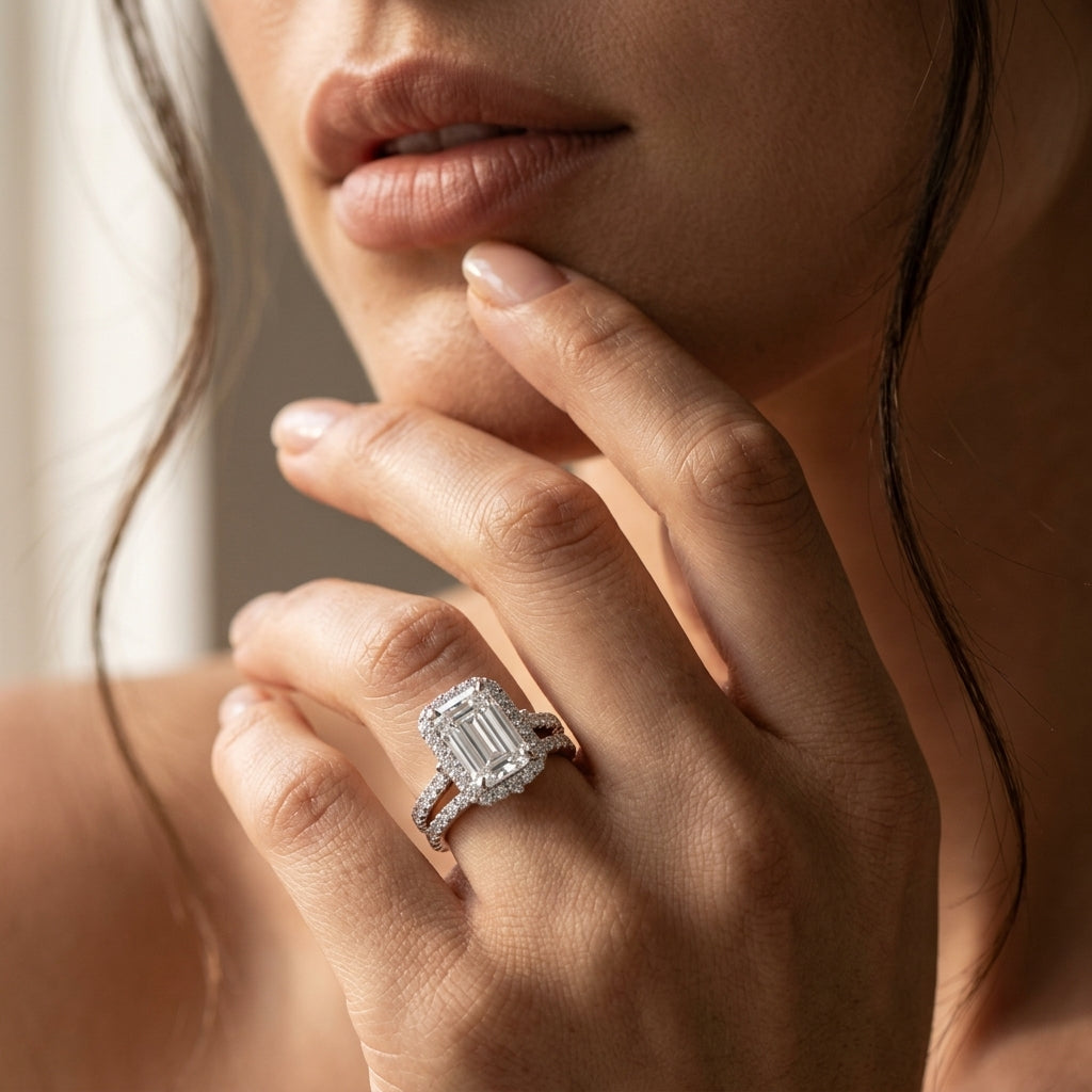 Close-up view of a model wearing luxury emerald cut moissanite halo bridal ring set.