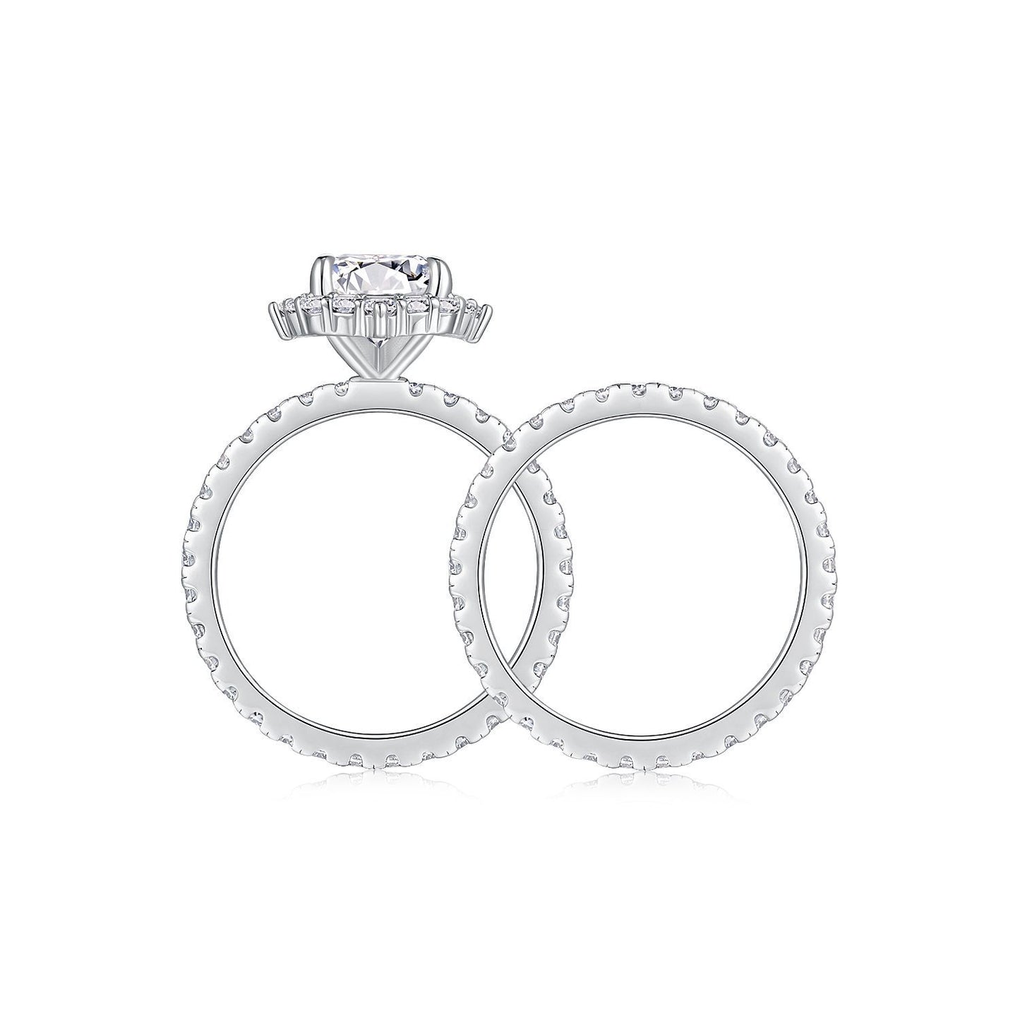 Side profile showing elevated halo setting and interlocking pave wedding band.