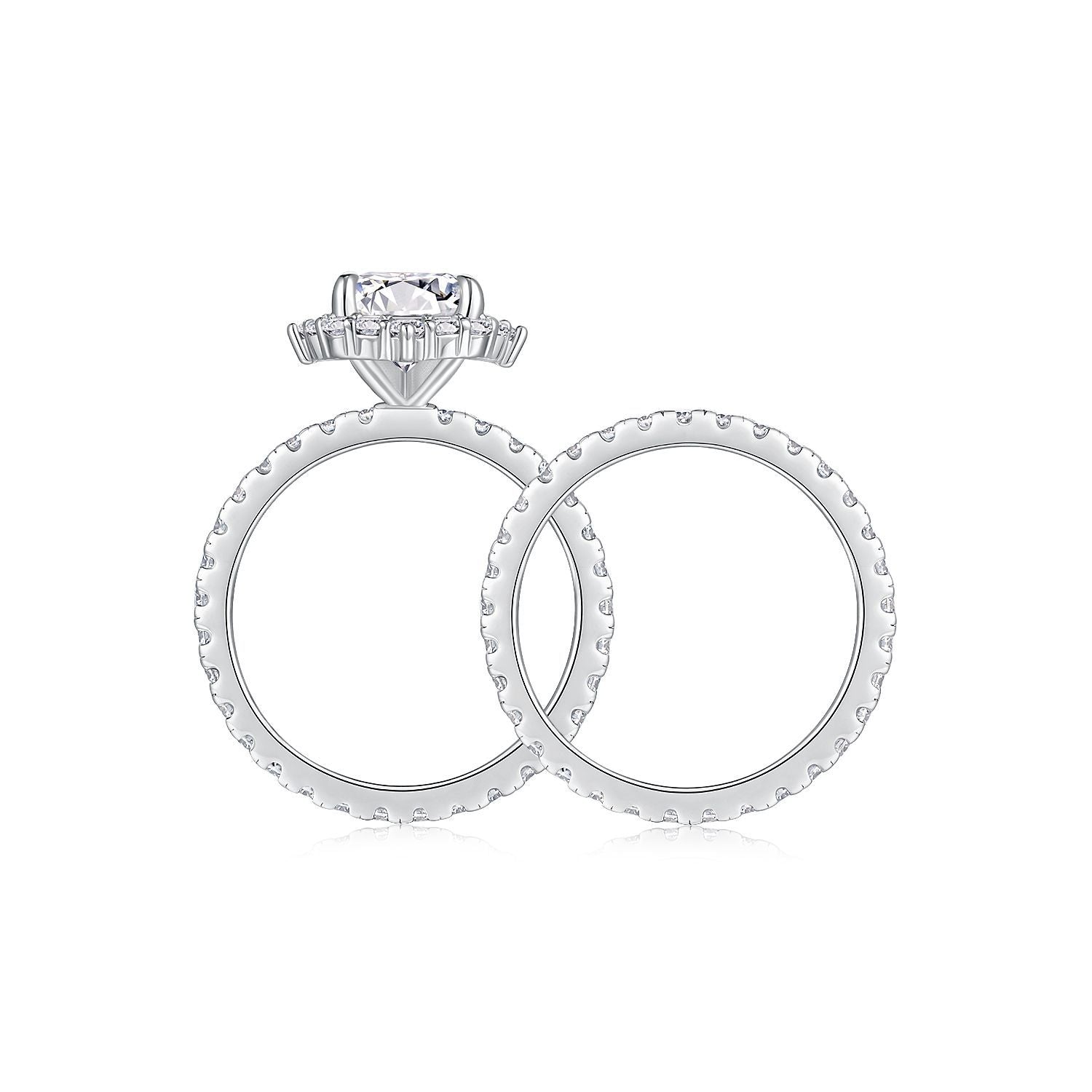 Side profile showing elevated halo setting and interlocking pave wedding band.