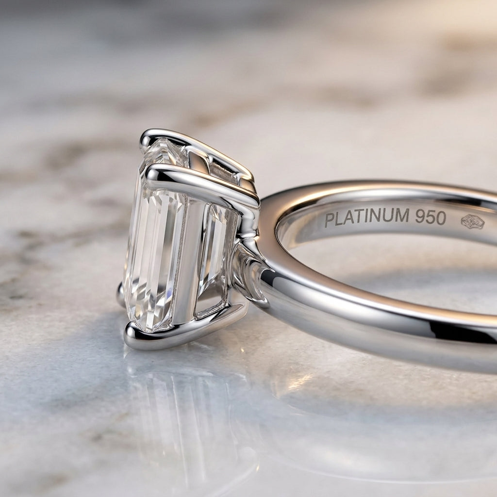 Macro view showing 4-prong basket setting and polished band profile on emerald cut moissanite ring.